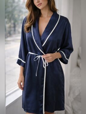 La Senza 100% Silk Robe Navy Blue | Kimono Style | Pockets | Size L/XL
